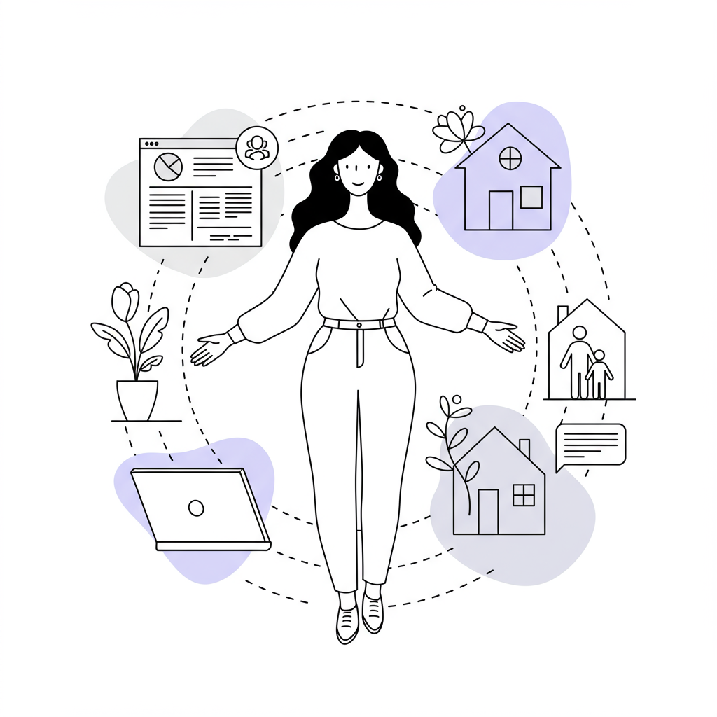 Modern line art: Stylized female entrepreneur embracing balanced life; laptop, home, wellbeing elements orbit her. Pastel purple accent | Femmeprenista