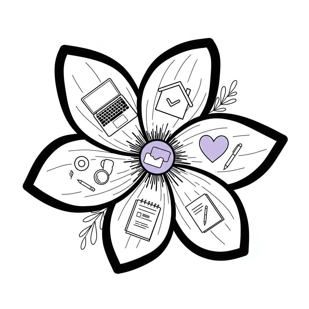 Chic black and white line art: a blooming flower with laptop, heart, house, and notepad petals, pastel purple core, symbolizing success for female entrepreneurs | Femmeprenista