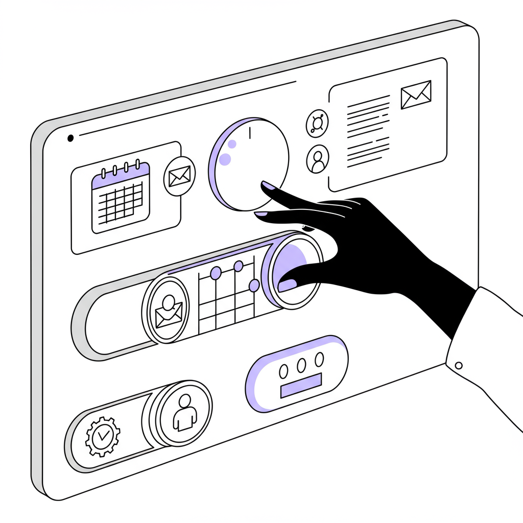 Chic black and white line art: stylized AI control panel being adjusted by a Black or Asian hand; pastel purple highlights the key toggle | Femmeprenista