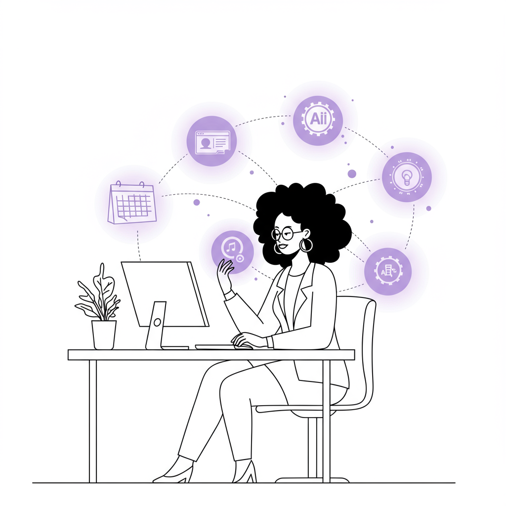 Chic line art of a Black/Latina entrepreneur calmly using AI orbs to boost productivity; pastel purple AI highlight | Femmeprenista