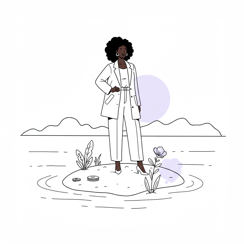Chic line art: Confident Black femmeprenista on her niche island, scalable opportunity ahead, pastel purple flower accent | Femmeprenista