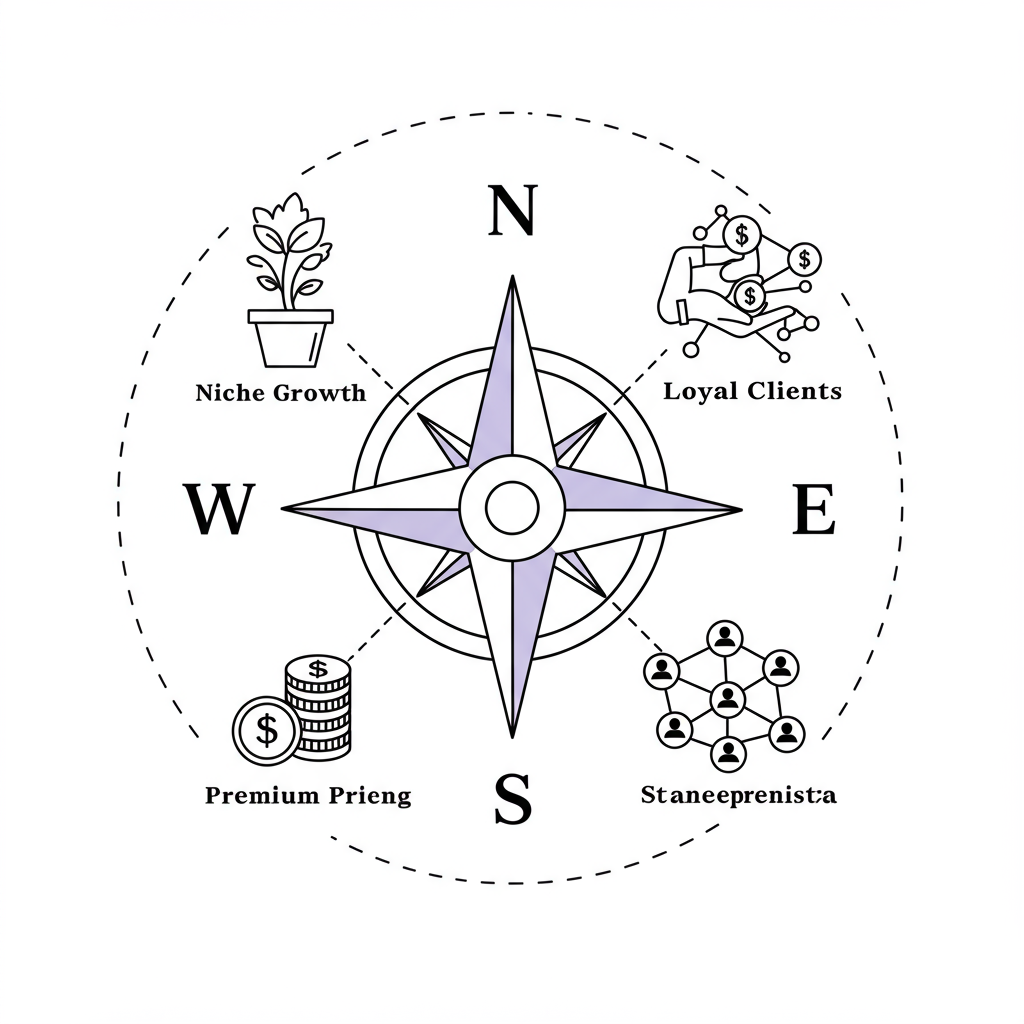 Modern line art compass rose guiding niche marketing for femmeprenistas; pastel purple center for strategic focus | Femmeprenista