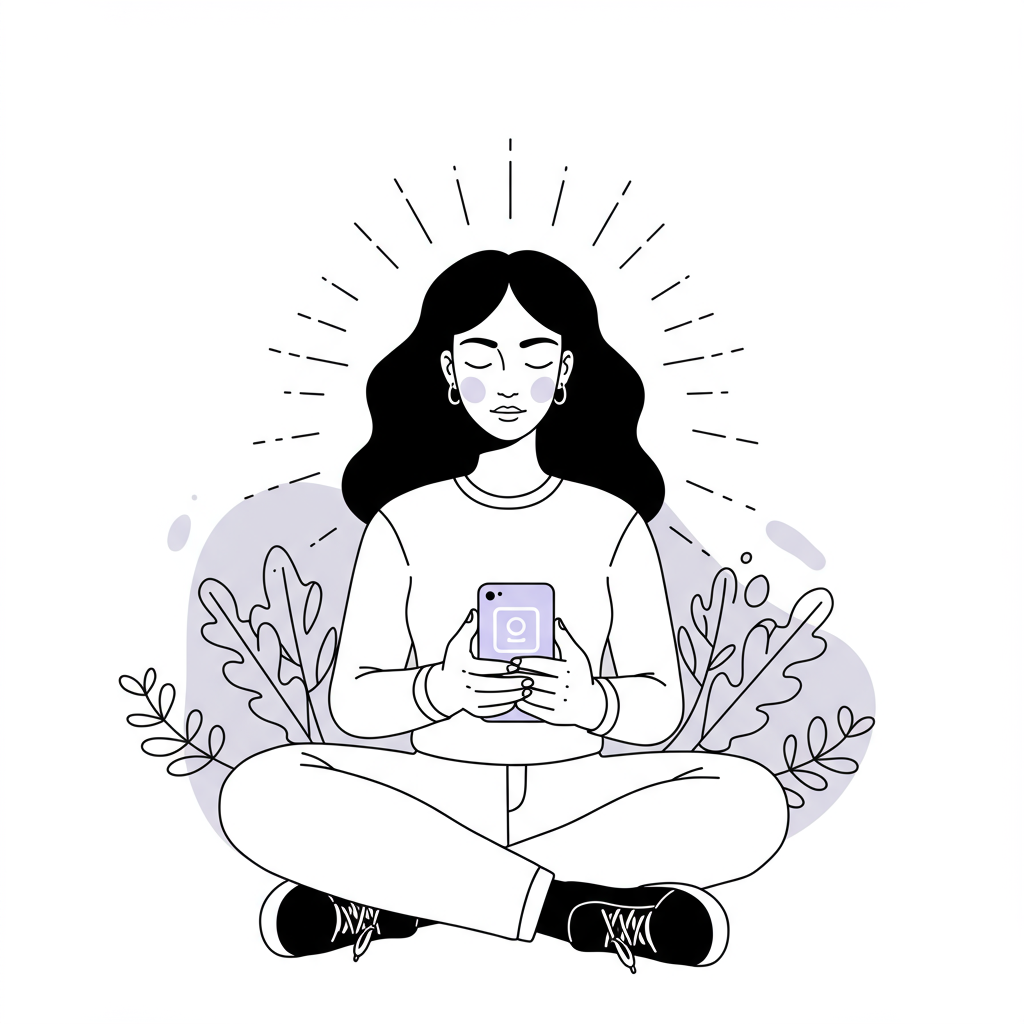 Chic line art: Mixed ethnicity female entrepreneur meditates with mental wellness app on phone, pastel purple highlight | Femmeprenista