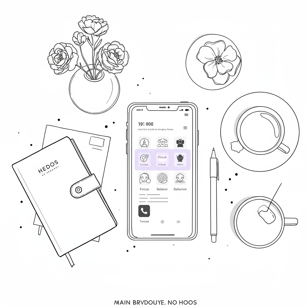 Modern black and white line art workspace with phone showing mental wellness app icon in pastel purple | Femmeprenista