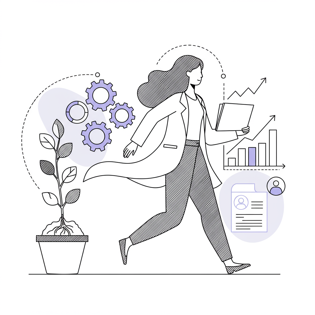 Modern line art: Diverse female entrepreneur strides forward, business growth icons behind, pastel purple accent on plant | Femmeprenista
