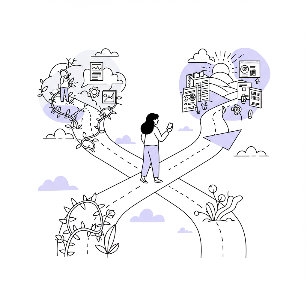 Modern line art: a female entrepreneur faces a crossroads, clear path illuminated by pastel purple arrow towards business success | Femmeprenista