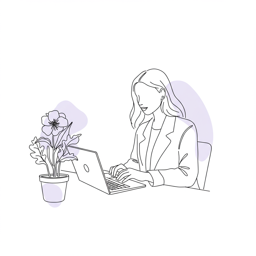 Chic line art: Stylish mumpreneur works from home; flourishing plant symbolizes business growth, pastel purple flower | Femmeprenista
