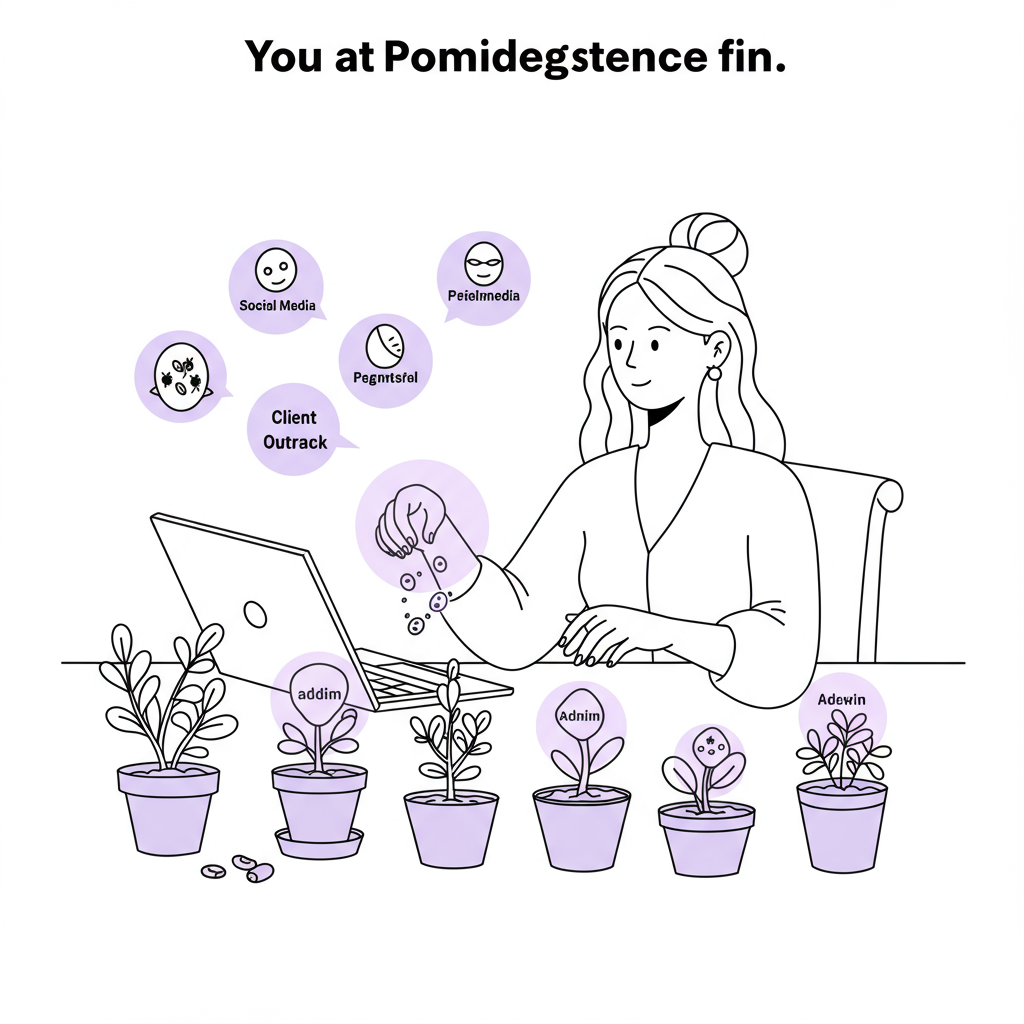 Line art: mumpreneur sowing seeds of business growth, pastel purple highlight on 'Client Outreach' seed | Femmeprenista