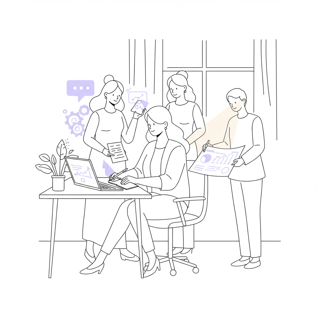 Line art: Femmeprenista at desk with growth partners; pastel purple laptop, pen, blueprint detail | Femmeprenista