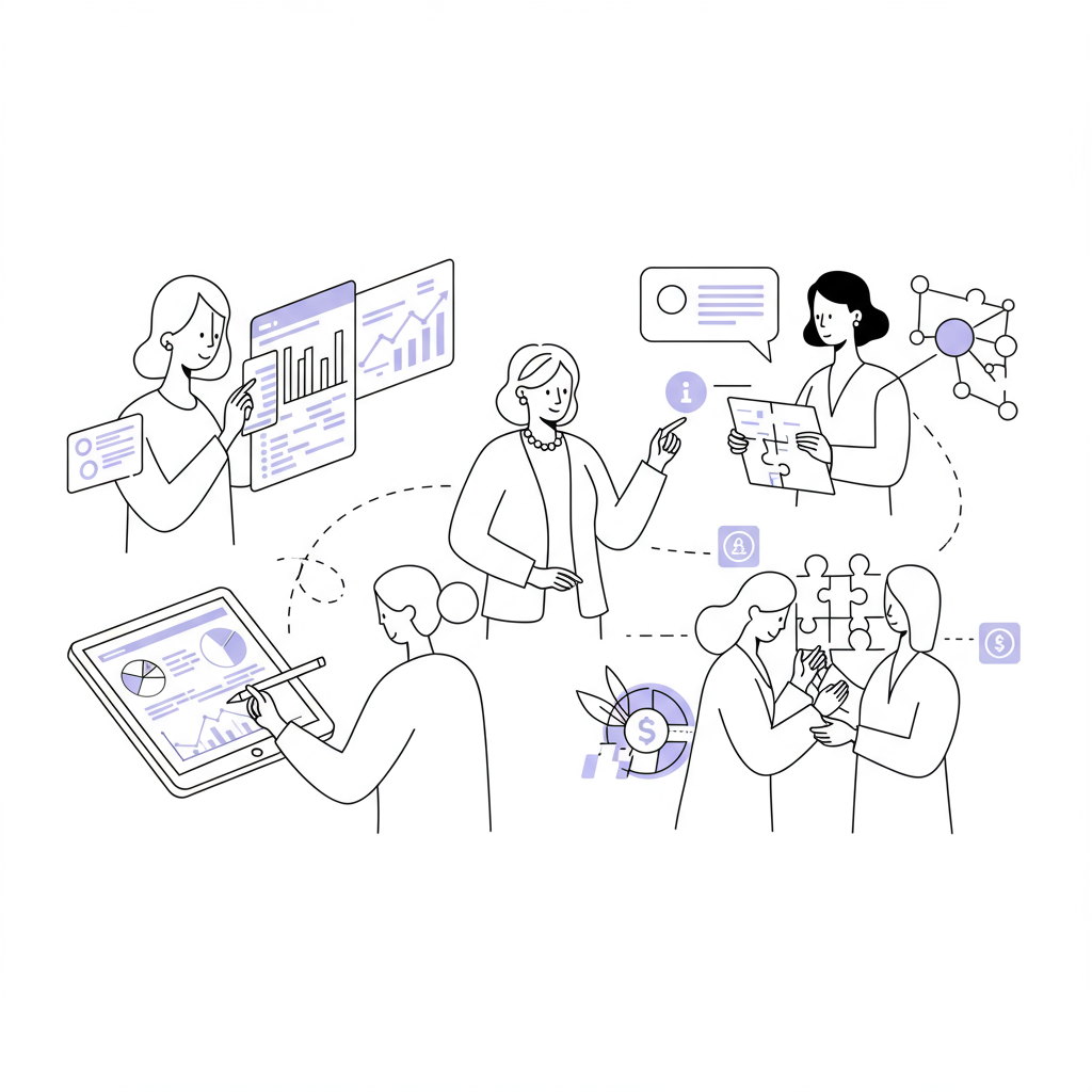 Line art illustration: Three stylized female figures representing growth partners for femmeprenistas, black and white with pastel purple accents | Femmeprenista