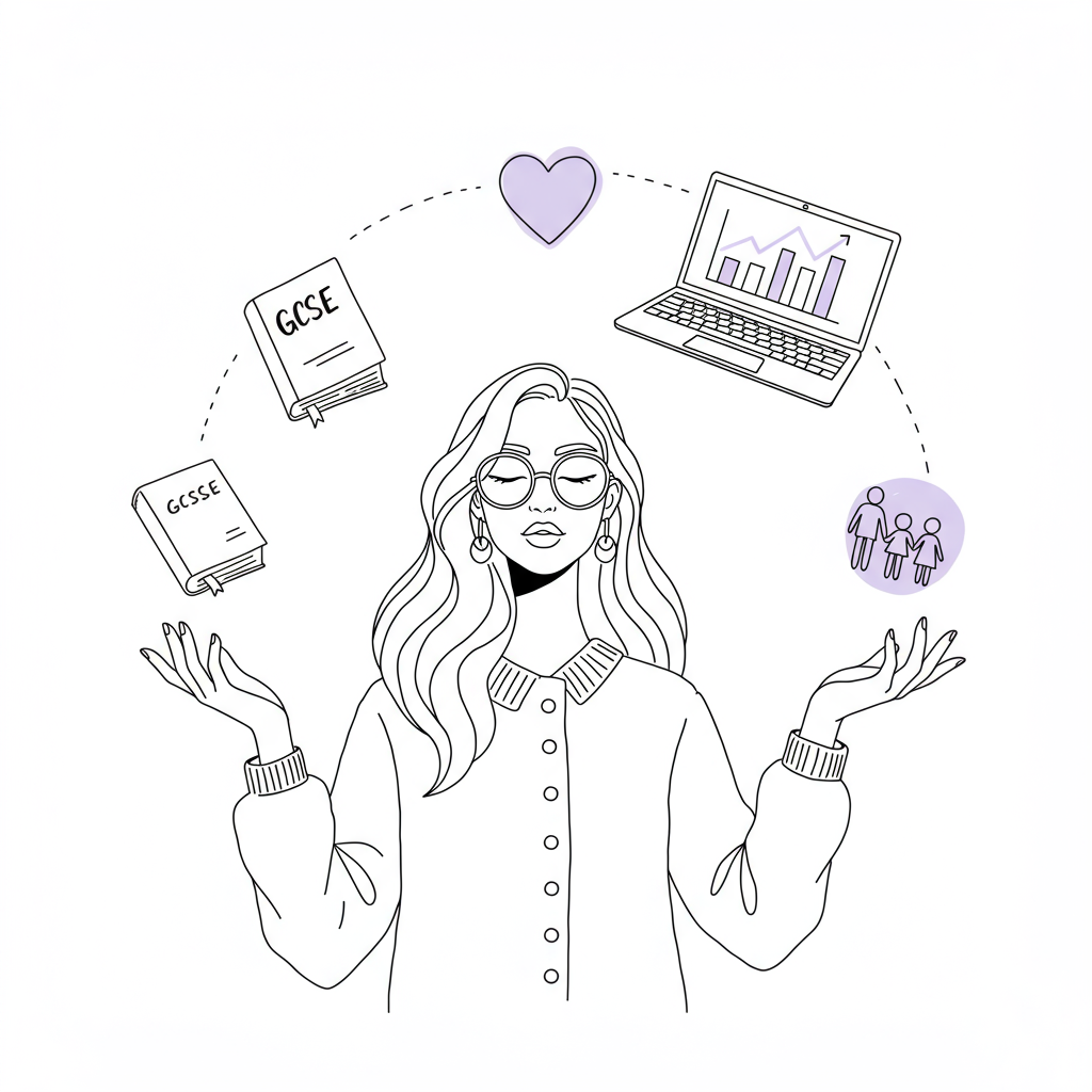 Line art of a stylish mum juggling business, family & GCSEs with poise; pastel purple heart | Femmeprenista