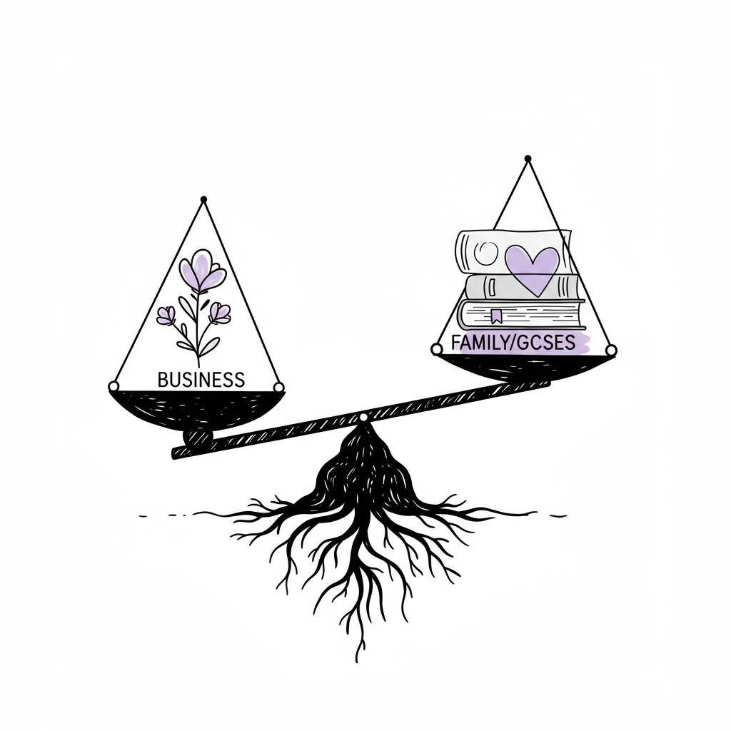 Chic line art: Balanced scale symbolizing business and family harmony, accented with pastel purple heart, representing resilience | Femmeprenista