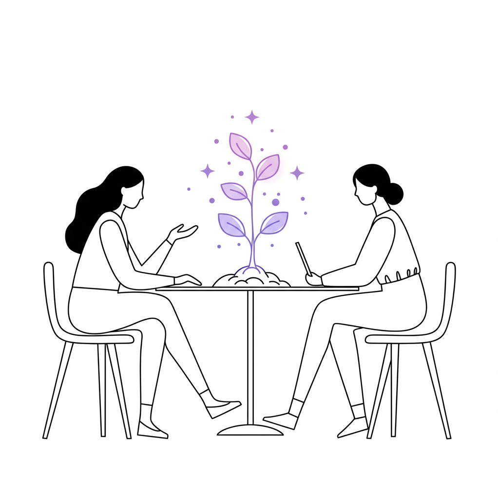 Chic black and white line art: Coach and mentee with sprouting seed symbolizing holistic growth; pastel purple accent | Femmeprenista