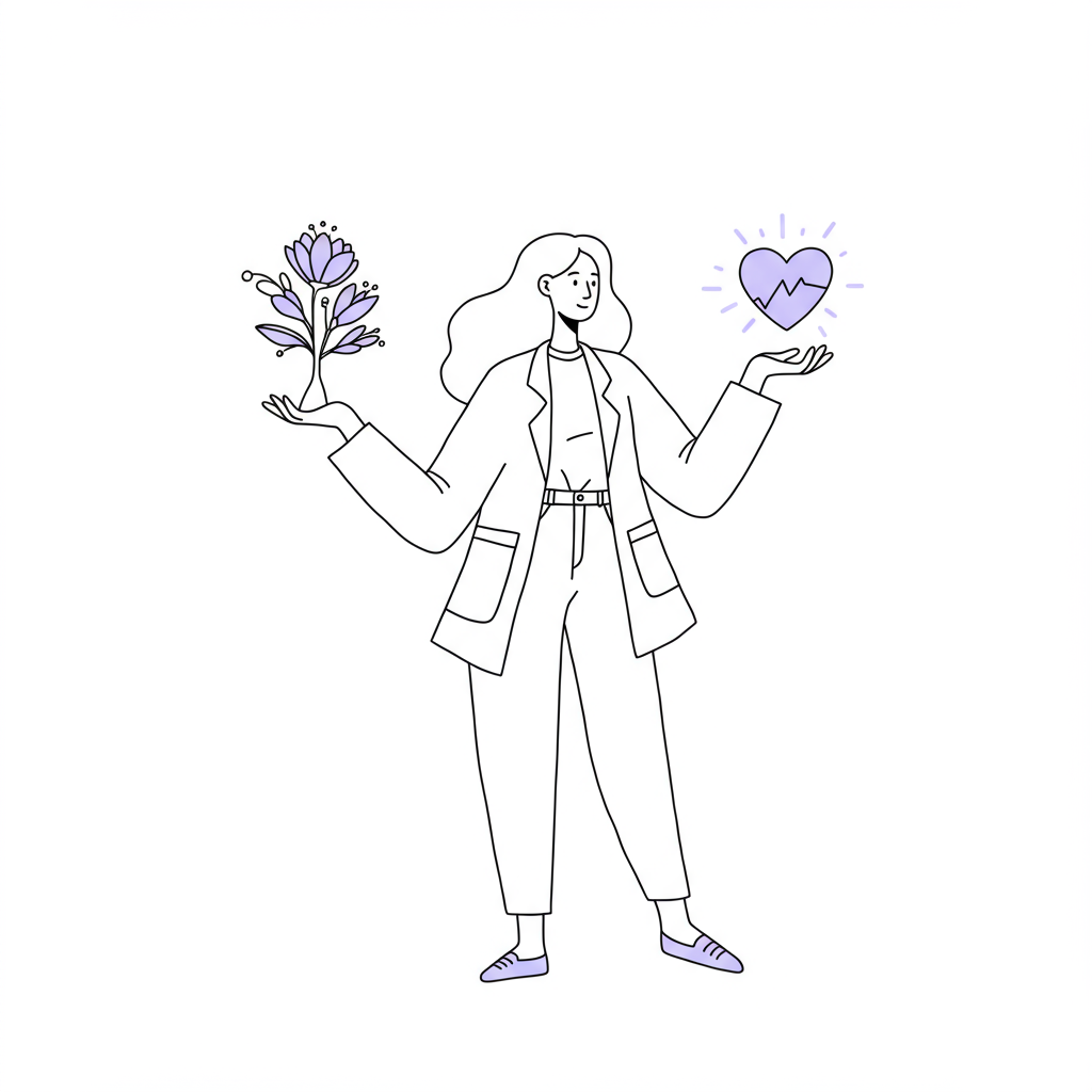Chic line art: Female entrepreneur balancing business growth & wellbeing, pastel purple heart accent. Holistic success | Femmeprenista