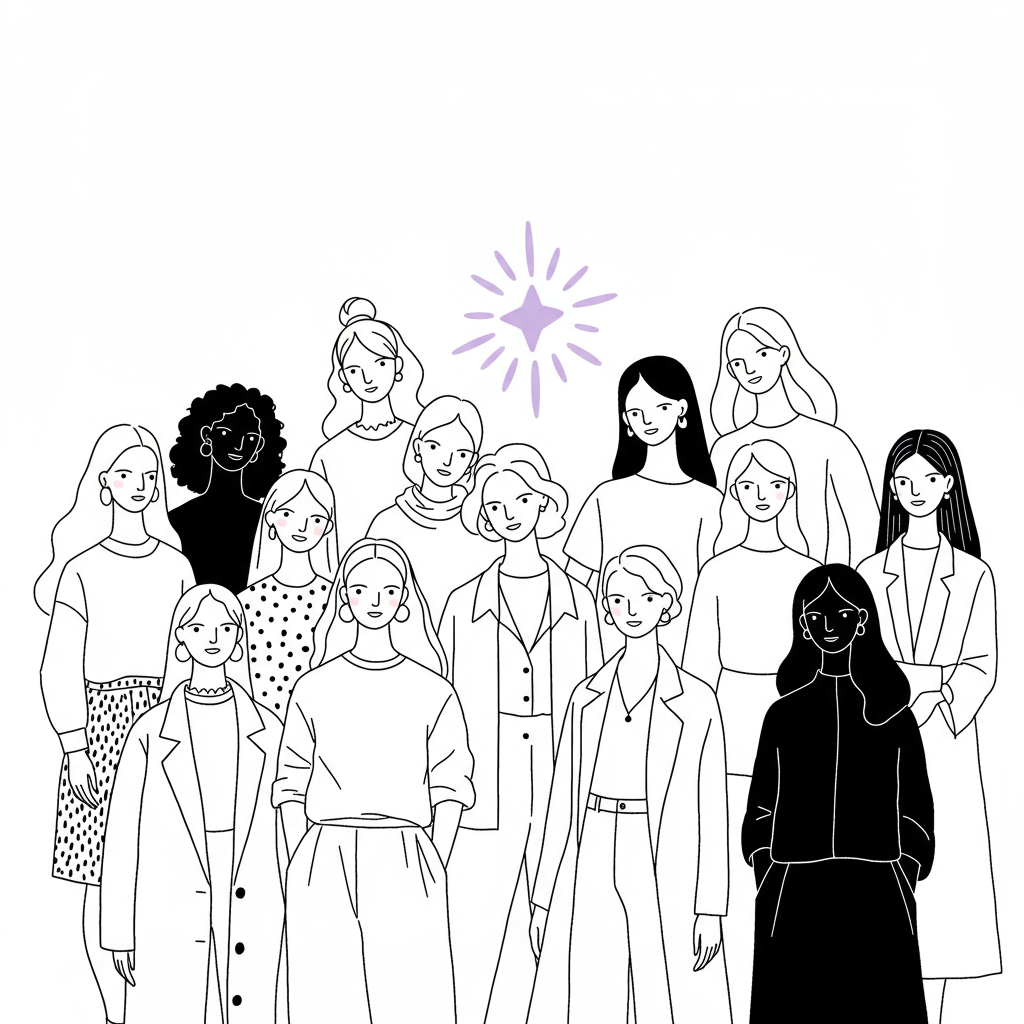 Modern line art of a diverse, supportive female entrepreneur community; pastel purple starburst symbolizes connection | Femmeprenista