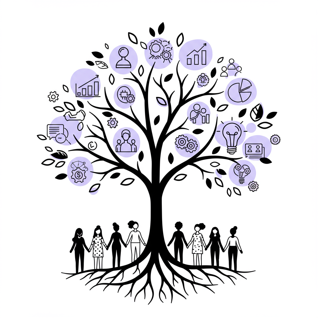 Chic line art: stylized tree with FemmeConnect roots (women holding hands), pastel purple growth icons, symbolizing community support | Femmeprenista