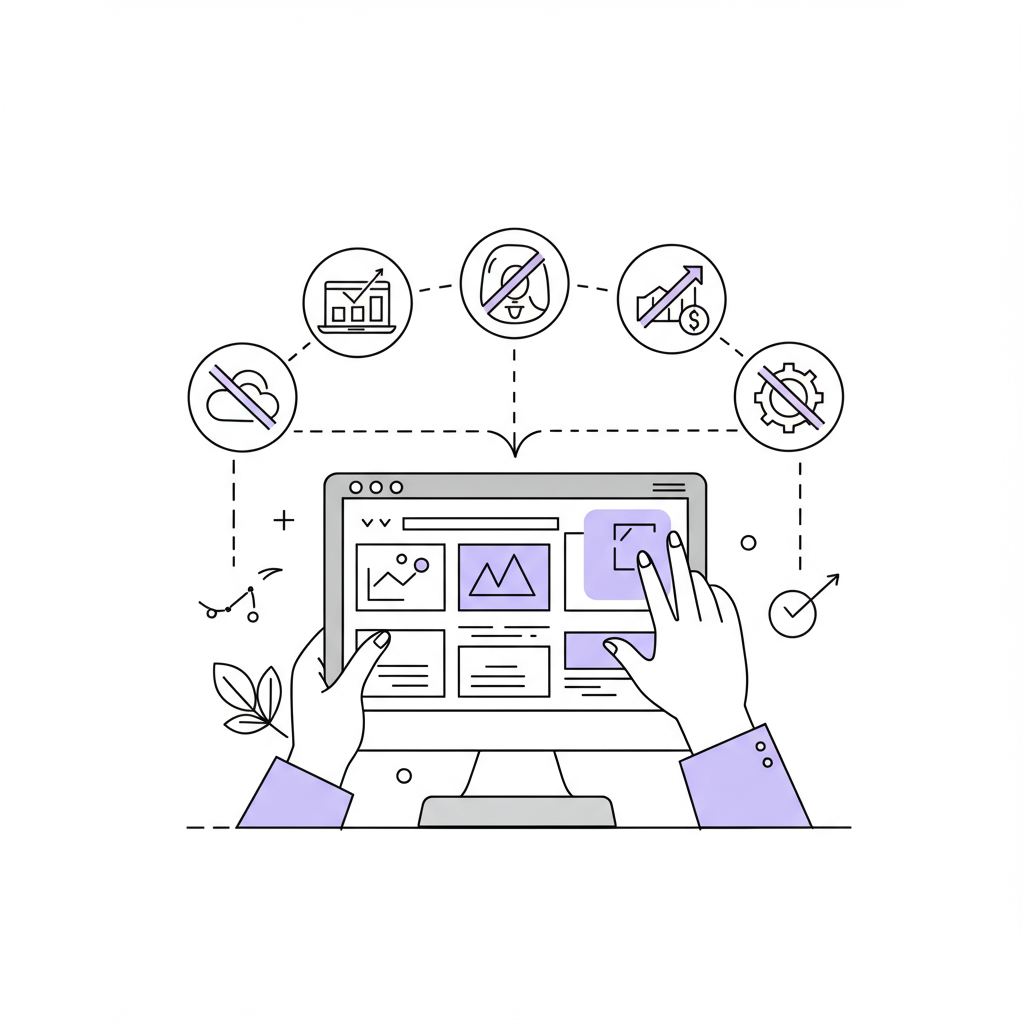 Chic line art: Female entrepreneur effortlessly building a website using no-code tools; pastel purple accent highlights the screen | Femmeprenista