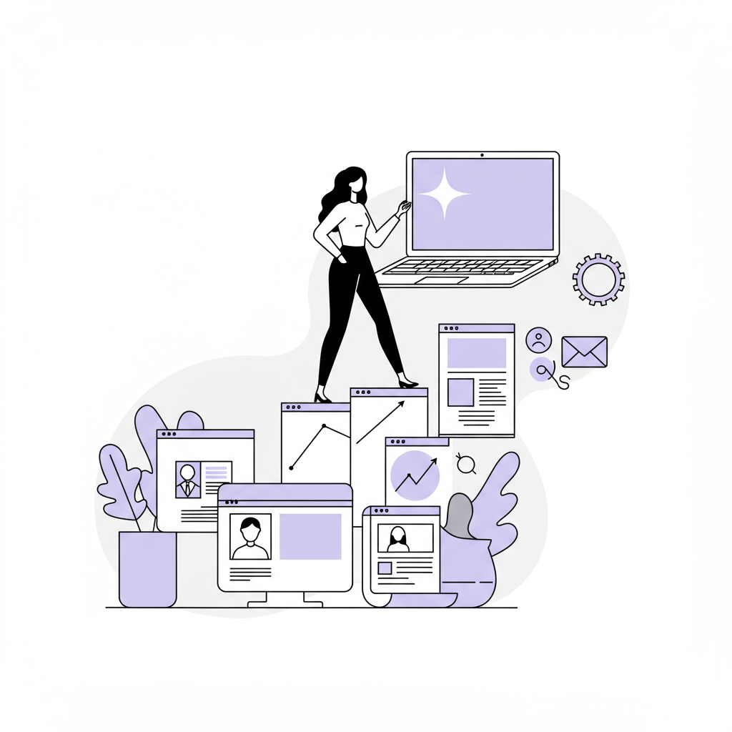 Chic line art: Woman entrepreneur confidently scaling website icons to laptop success, pastel purple screen accent | Femmeprenista