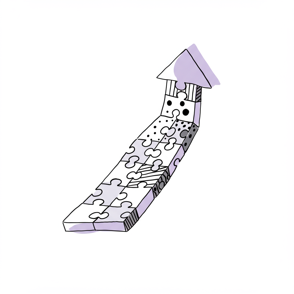 Modern line art: Puzzle arrow points upward, symbolizing reclaimed energy, with purple accent, Femmeprenista style | Femmeprenista