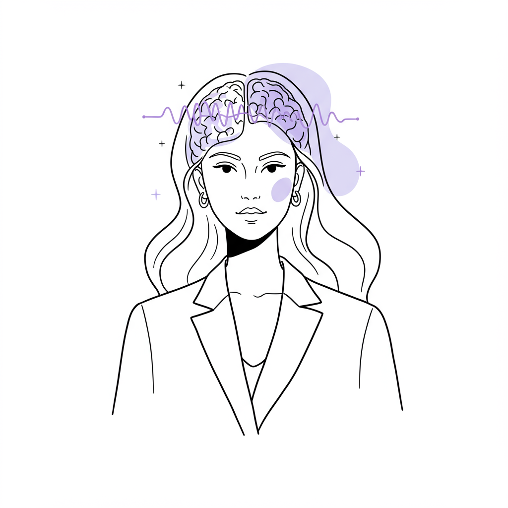 Chic line art: Confident female CEO with energy waves symbolizing restored vitality; pastel purple accent | Femmeprenista