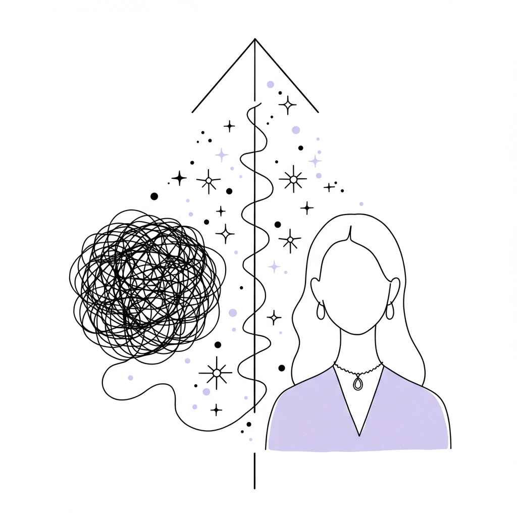 Line art: tangled yarn unraveling to a confident woman shining; black, white, and pastel purple accent on necklace | Femmeprenista