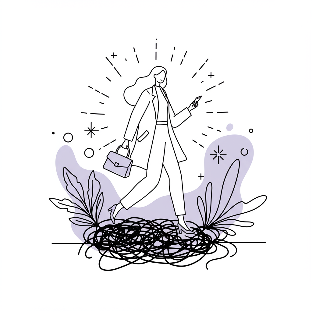Chic black and white line art: a female entrepreneur steps confidently from fear to authentic online presence; pastel purple bag highlight | Femmeprenista