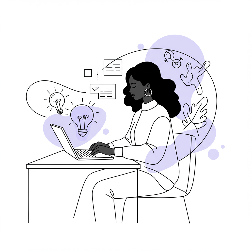 Stylish line art of a Black woman entrepreneur workingResourcefully at her desk, surrounded by abstract ideas; pastel purple detail | Femmeprenista