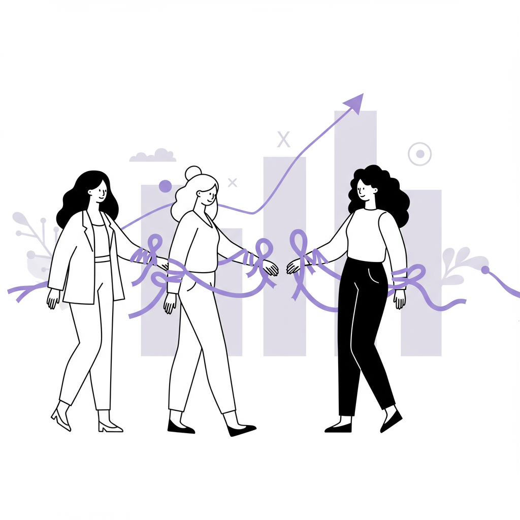 Modern line art: three diverse women entrepreneurs connected by purple ribbons, symbolizing collaborative low-cost marketing strategies for mom startups | Femmeprenista