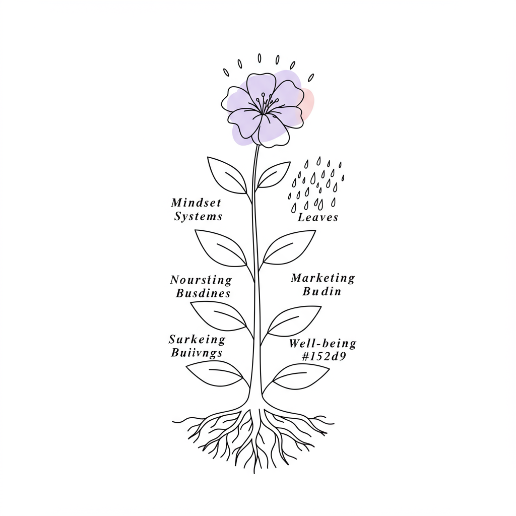 Line art of a flourishing plant symbolizing business growth: Mindset, Systems, Marketing, Well-being, AI; pastel purple flower | Femmeprenista