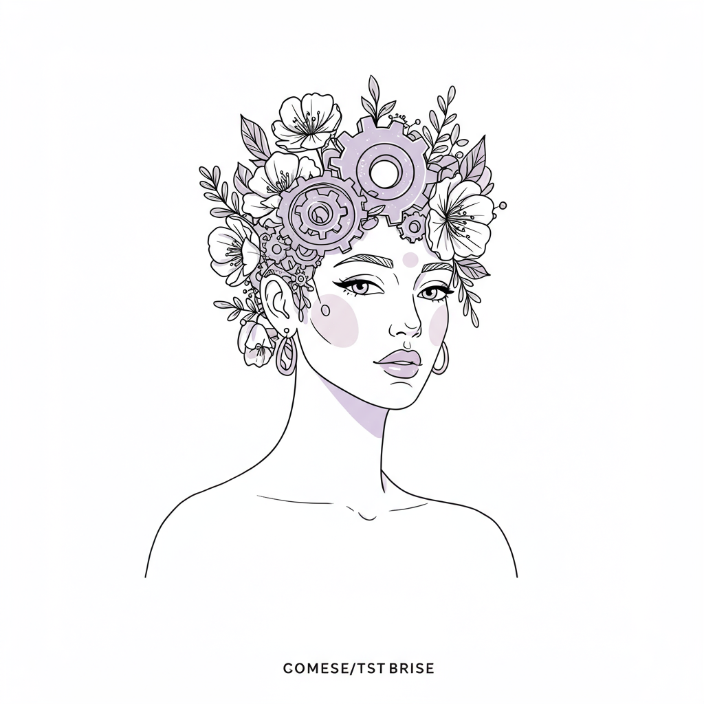 Chic line art: gears & flowers forming a woman's head, symbolizing biz flourish. Purple accent on central gear | Femmeprenista