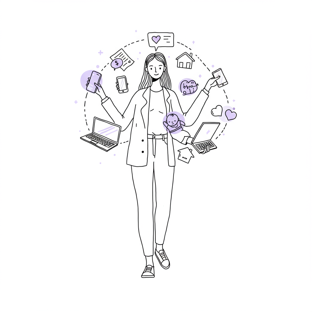 Chic line art: Entrepreneurial parent juggling work and family; intentional chaos, pastel purple accent on heart | Femmeprenista