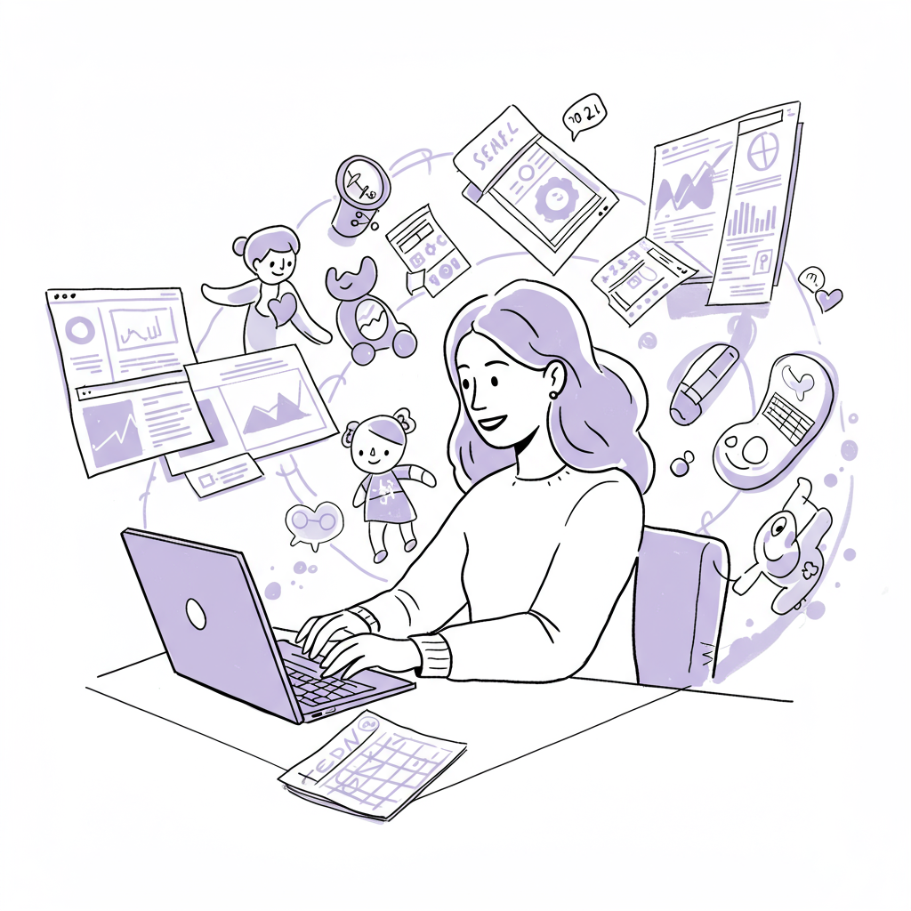Black and white chic line art: serene entrepreneurial parent working calmly amidst swirling chaos; pastel purple laptop screen | Femmeprenista