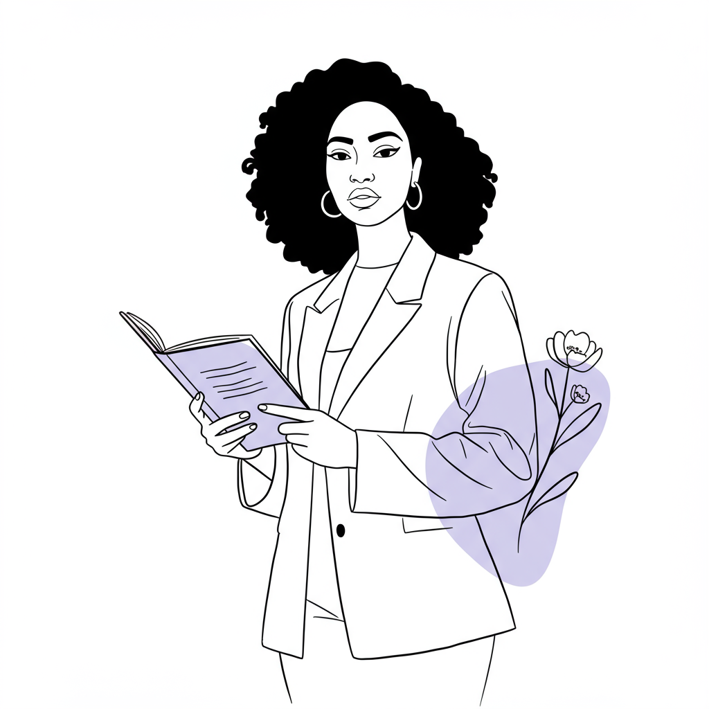 Chic black and white line art: Confident Black woman entrepreneur with pastel purple flower, symbolizing business growth | Femmeprenista
