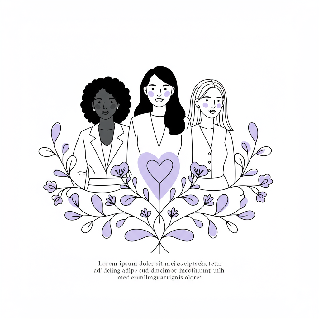 Line art: diverse female entrepreneurs connected by growth vine from pastel purple heart; sales reluctance support | Femmeprenista