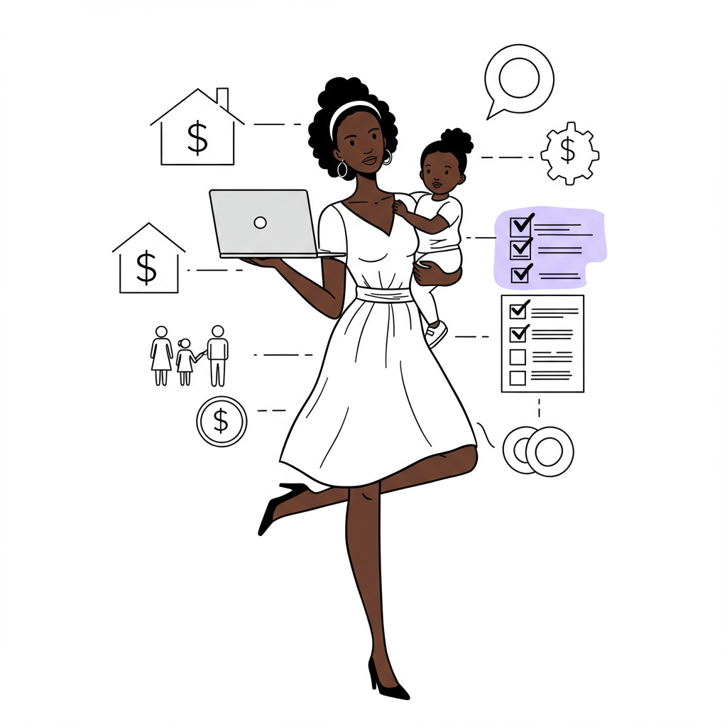 Black woman entrepreneur in chic line art balances laptop and toddler; pastel purple sash, family/biz icons. Holistic balance | Femmeprenista