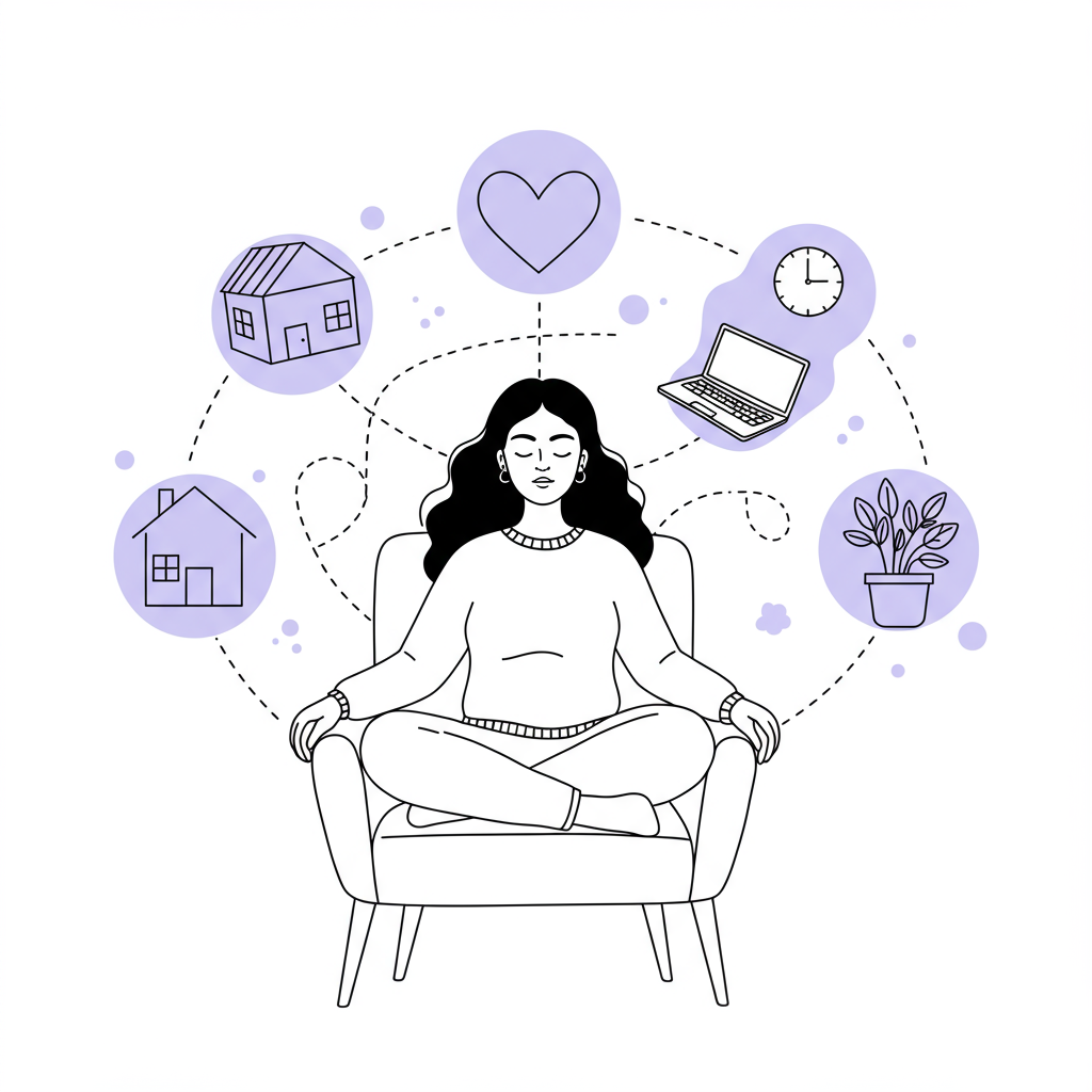 Line art: Latina entrepreneur meditating, icons representing life balance, pastel purple heart, for self-care for female entrepreneurs | Femmeprenista