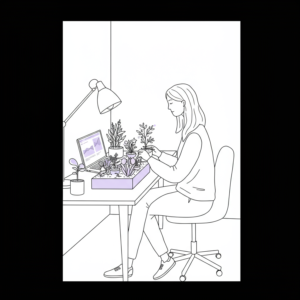 Chic black and white line art: femmeprenista nurturing her business niche with a desk garden, pastel purple planter | Femmeprenista