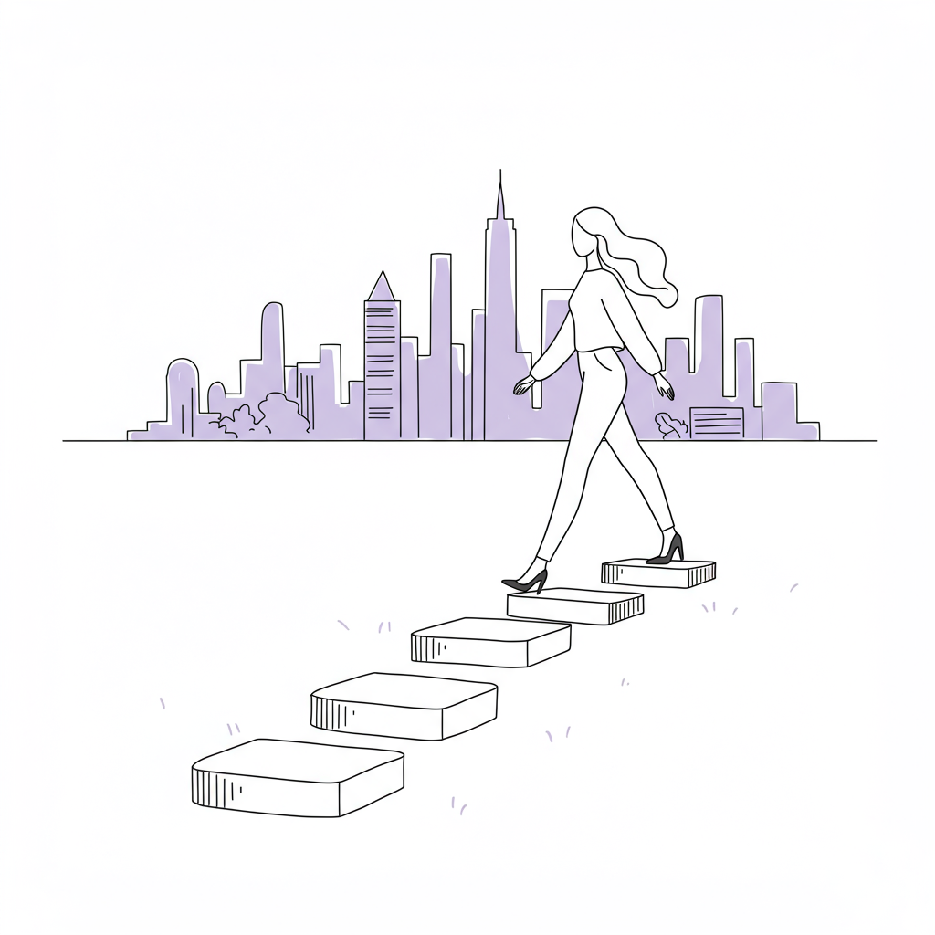 Chic line art: femmeprenista stepping on puzzle-piece stones towards a sunlit cityscape with pastel purple highlights | Femmeprenista