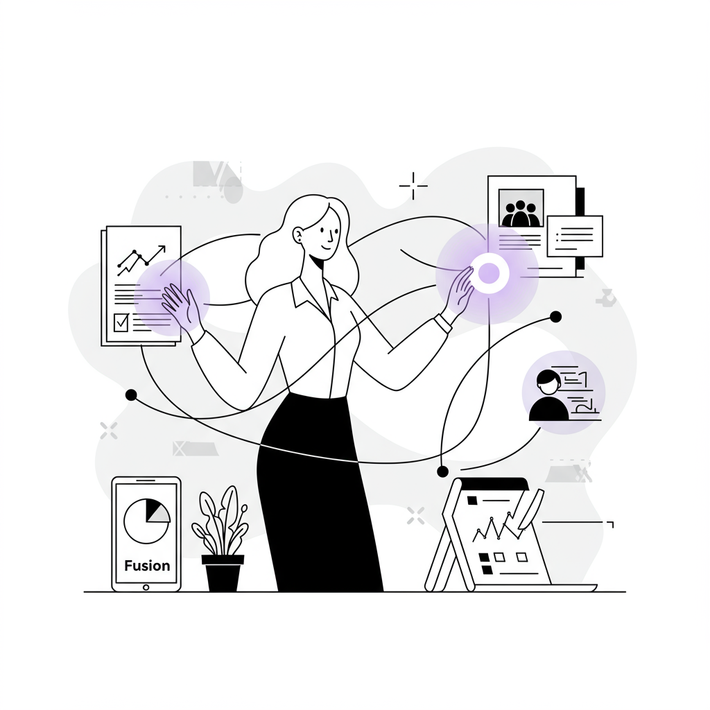 Chic line art: Female CEO empowered by AI, streamlined workflows, pastel purple accent | Femmeprenista