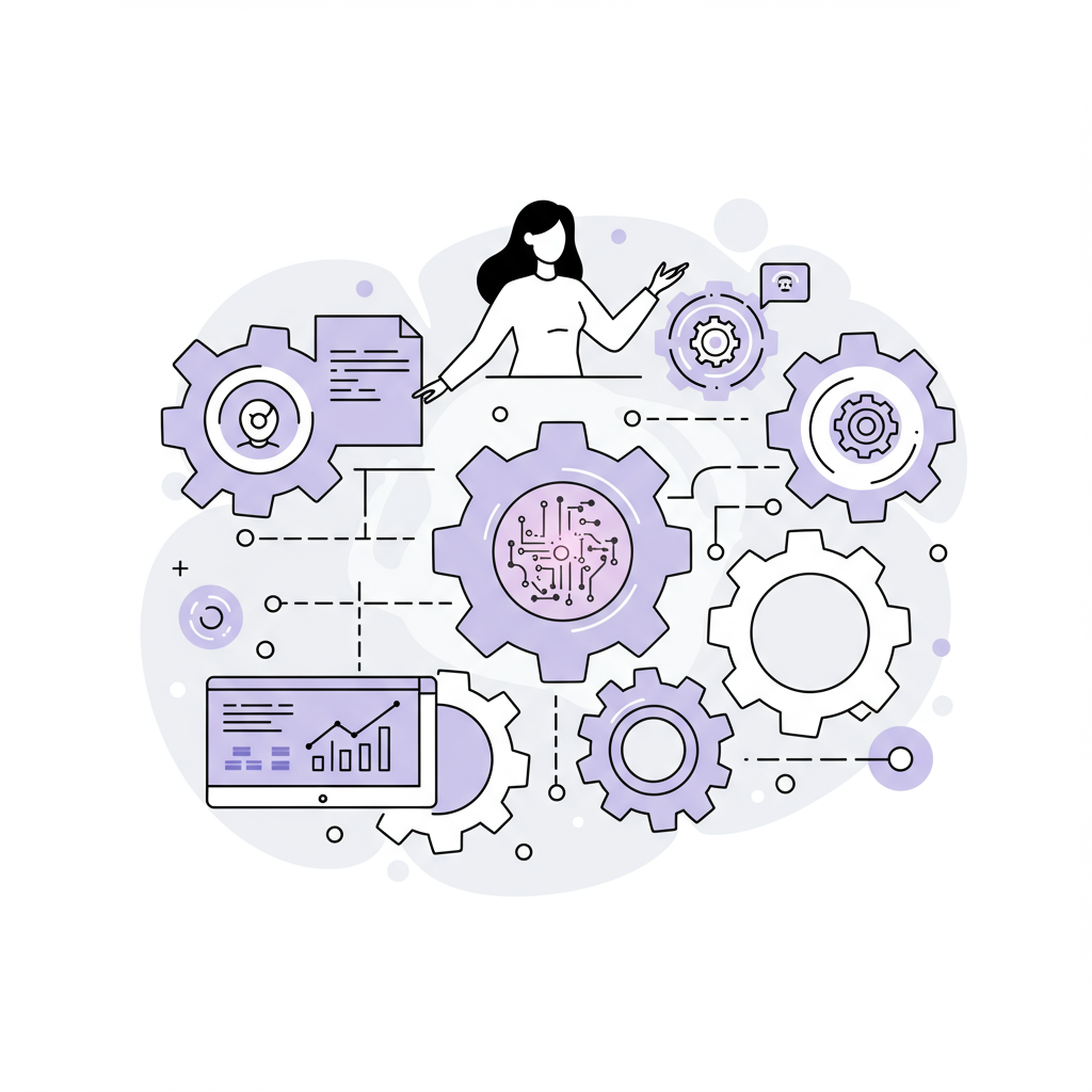 Modern line art: Confident CEO guides interconnected gears powered by AI, pastel purple highlights efficiency | Femmeprenista