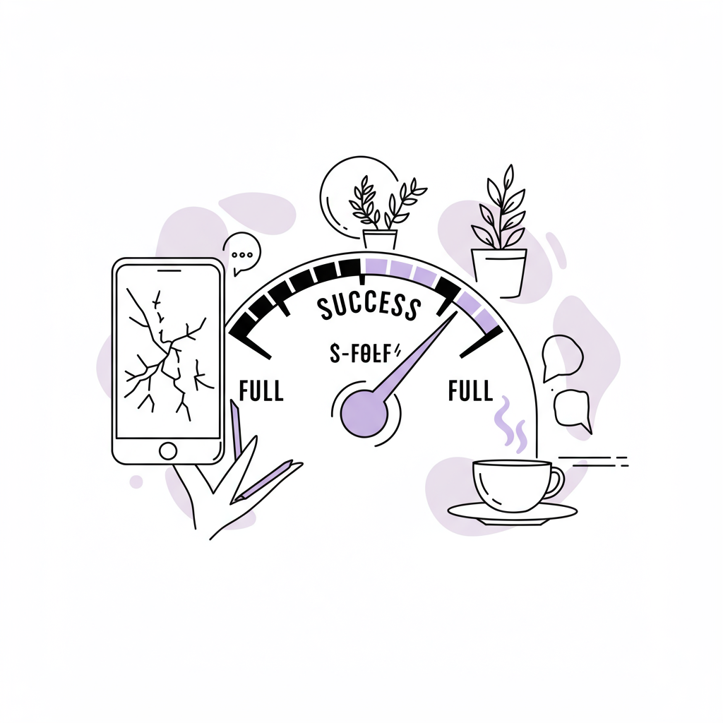 Modern line art illustration: Failure feedback transformed into success; vintage fuel gauge points towards SUCCESS, setbacks become fuel | Femmeprenista