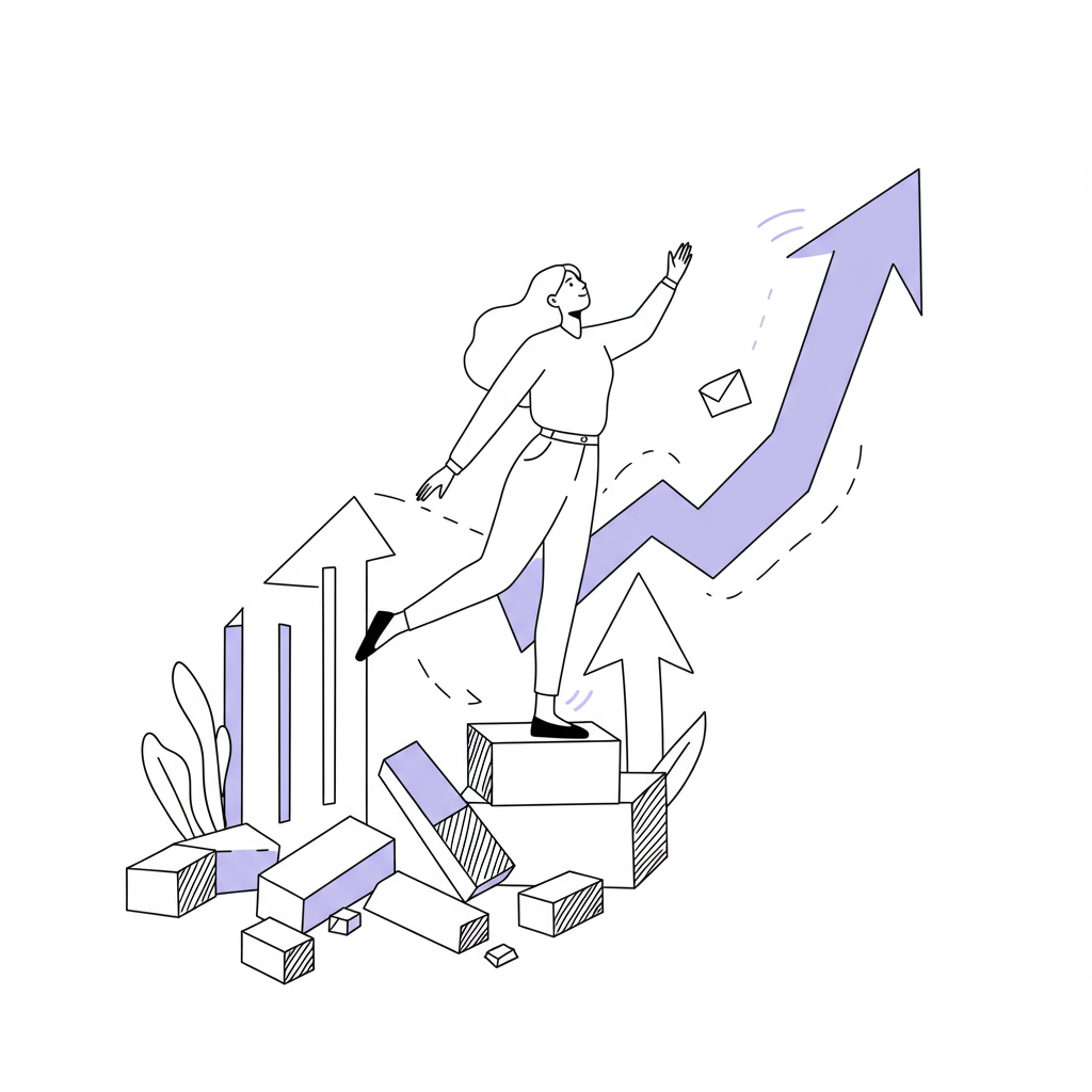 Modern chic line art: Femmeprenista rising from setbacks, redirected failure feedback arrows, pastel purple highlight on upward arrow | Femmeprenista