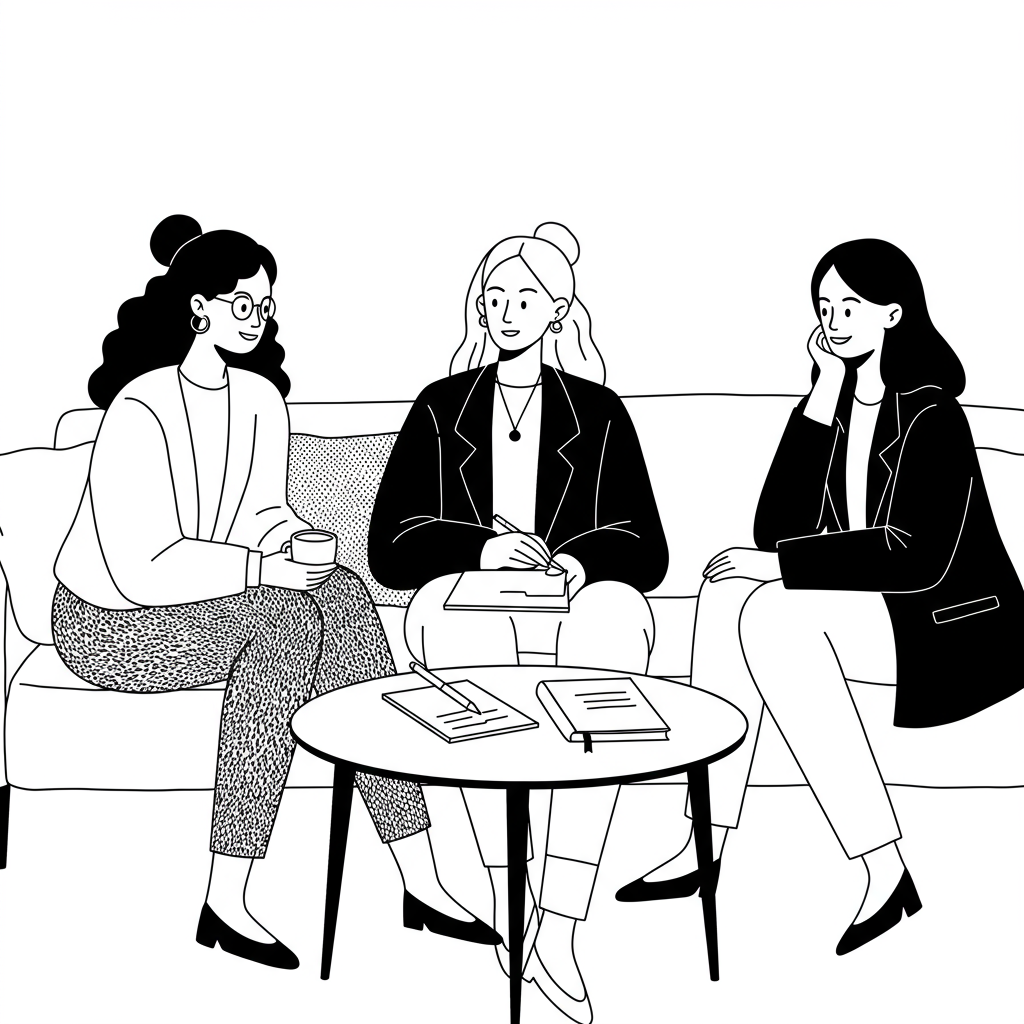 Modern line art: Diverse female entrepreneurs connecting and sharing ideas; pastel purple accent on pen | Femmeprenista