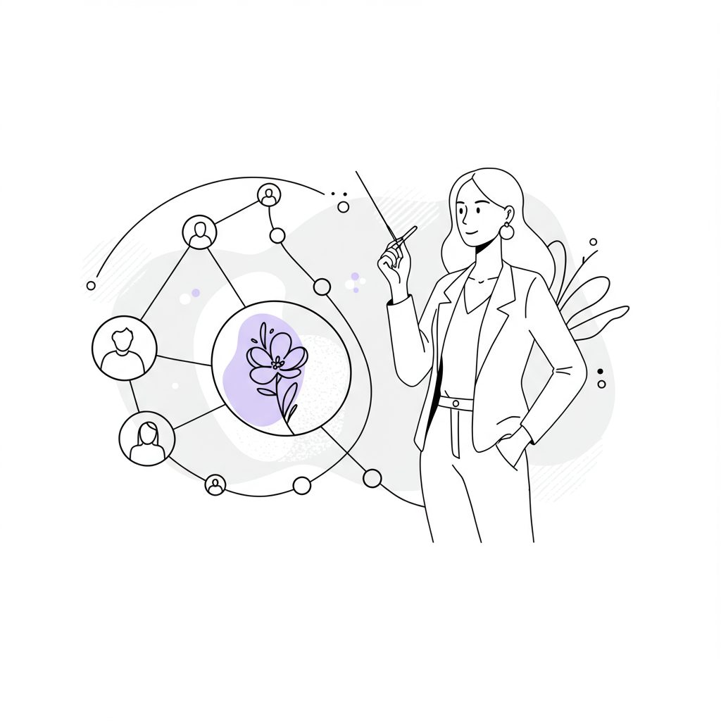 Elegant line art: confident female entrepreneur orchestrating authentic connections; pastel purple flower highlight | Femmeprenista