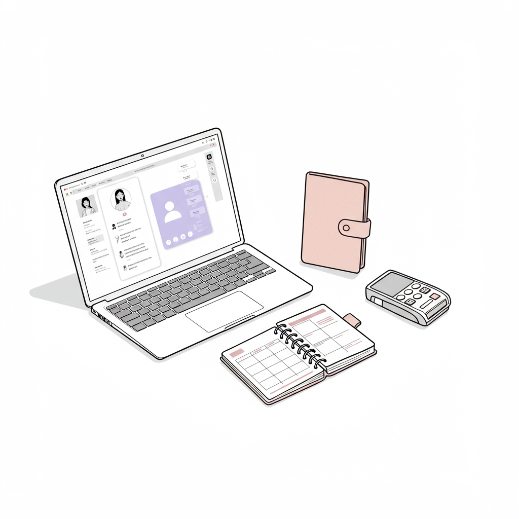 Chic line art workspace: Laptop with pastel purple video call screen, planner, card reader on minimalist desk | Femmeprenista