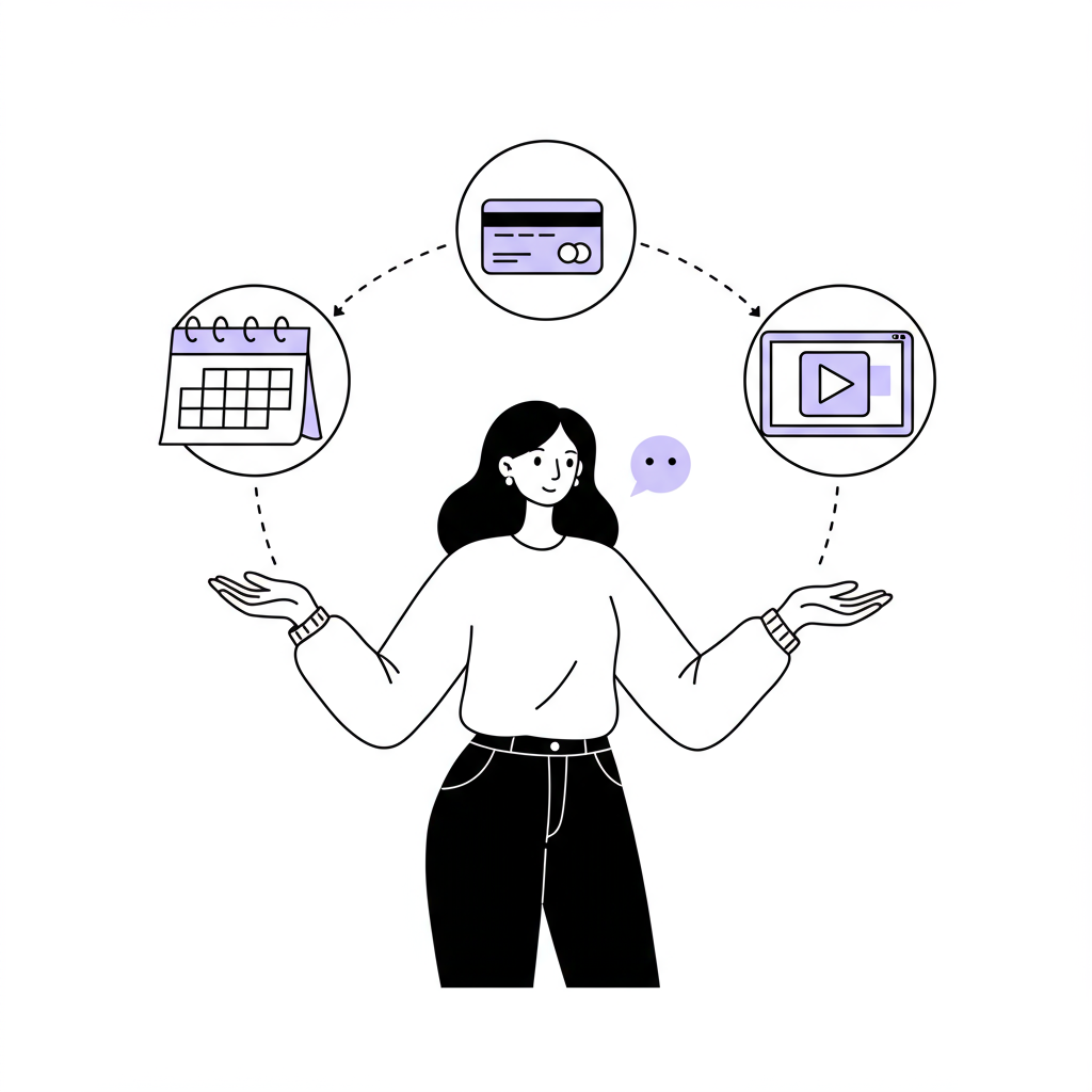 Line art: Chic female entrepreneur juggling essential tech tools, pastel purple highlight on video camera icon | Femmeprenista