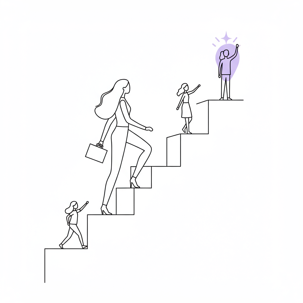 Chic line art: A female entrepreneur strides confidently towards a pastel purple symbol of her business legacy | Femmeprenista