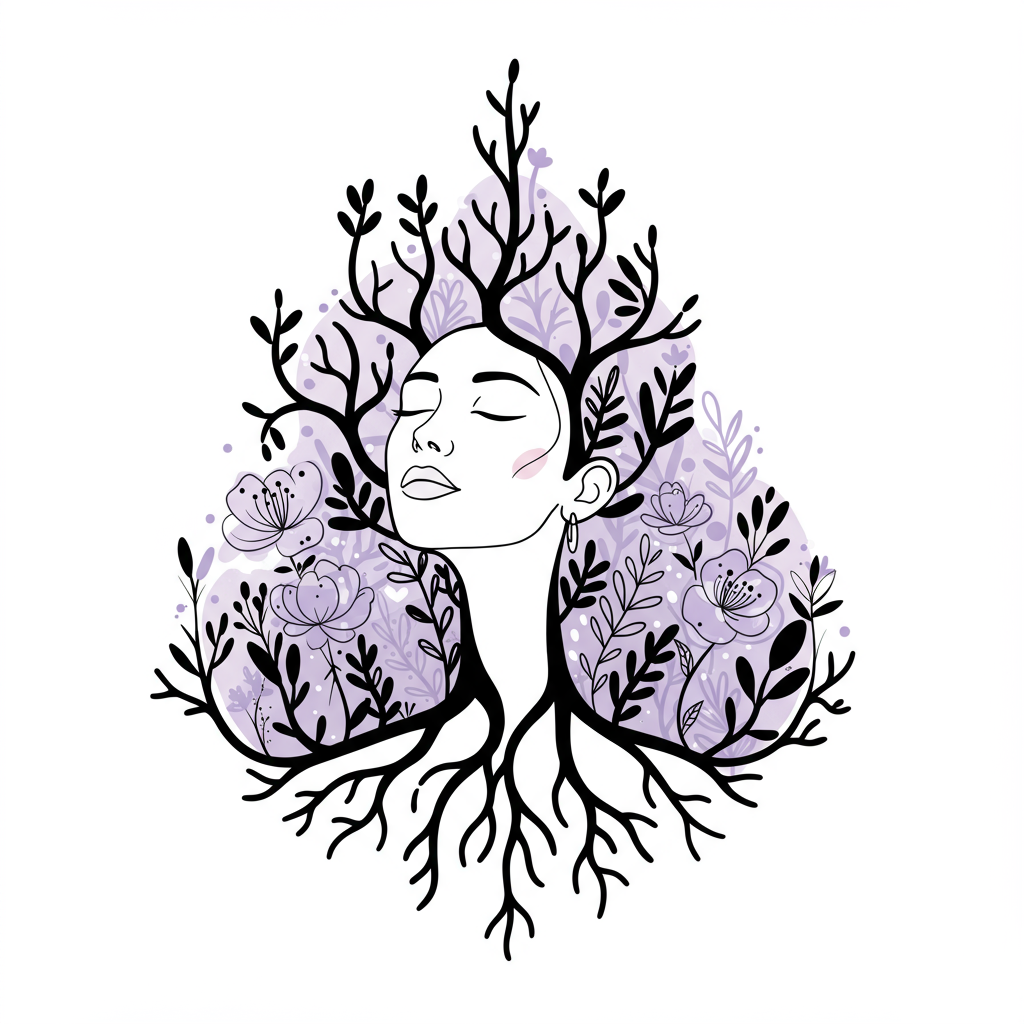 Chic line art: Woman with roots blossoming into a garden, symbolizing a thriving business legacy; black, white, pastel purple accents | Femmeprenista