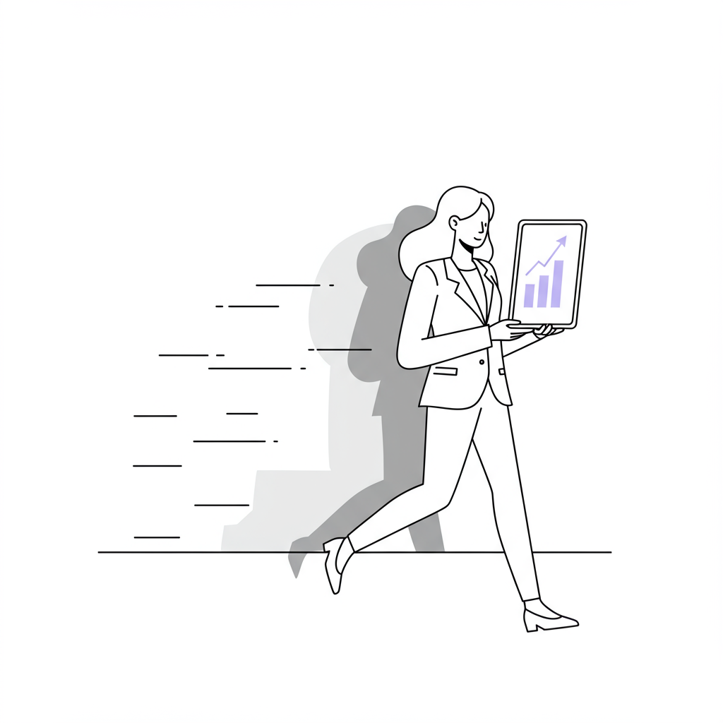 Line art: Confident female entrepreneur strides forward, tablet in hand, casting off self-doubt. Pastel purple upward arrow on screen | Femmeprenista