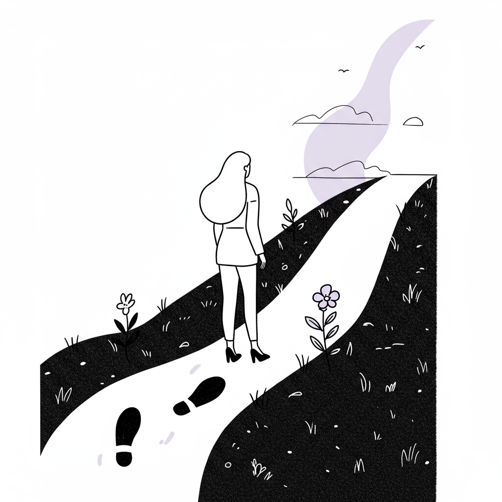 Line art: Female entrepreneur looking back at fading doubts, forward to growth, pastel purple flower highlight | Femmeprenista